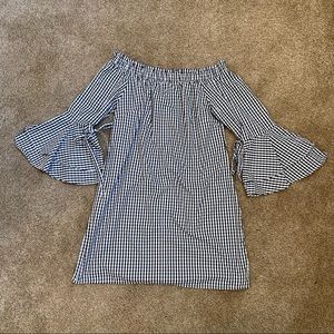 Stylehouse Black & White Gingham Off-the-Shoulder Bell Sleeve Dress